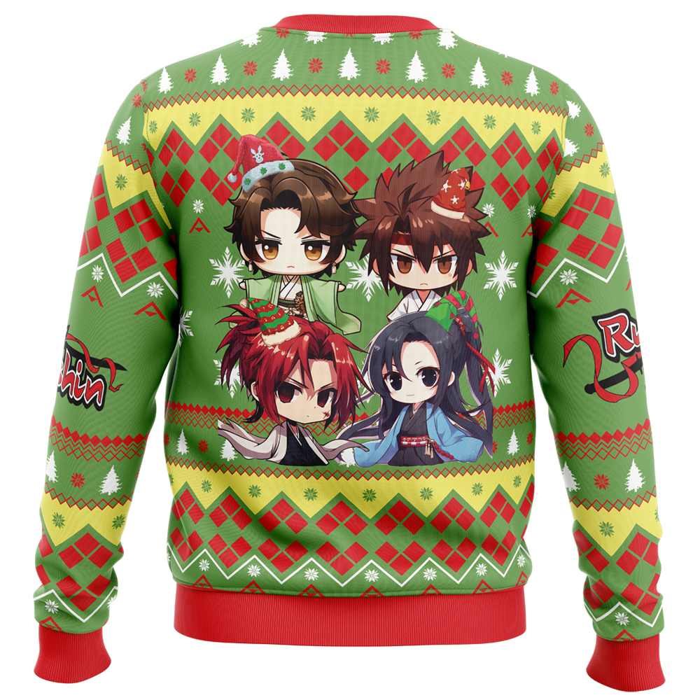 Chibi Christmas Rurouni Kenshin Samurai X Ugly Christmas Sweater BACK mockup - Rurouni Kenshin Store