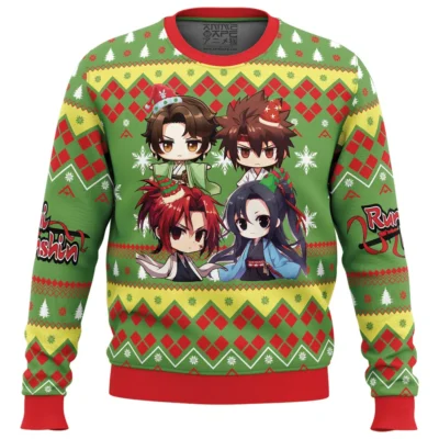 Chibi Christmas Rurouni Kenshin Samurai X Ugly Christmas Sweater FRONT mockup - Rurouni Kenshin Store