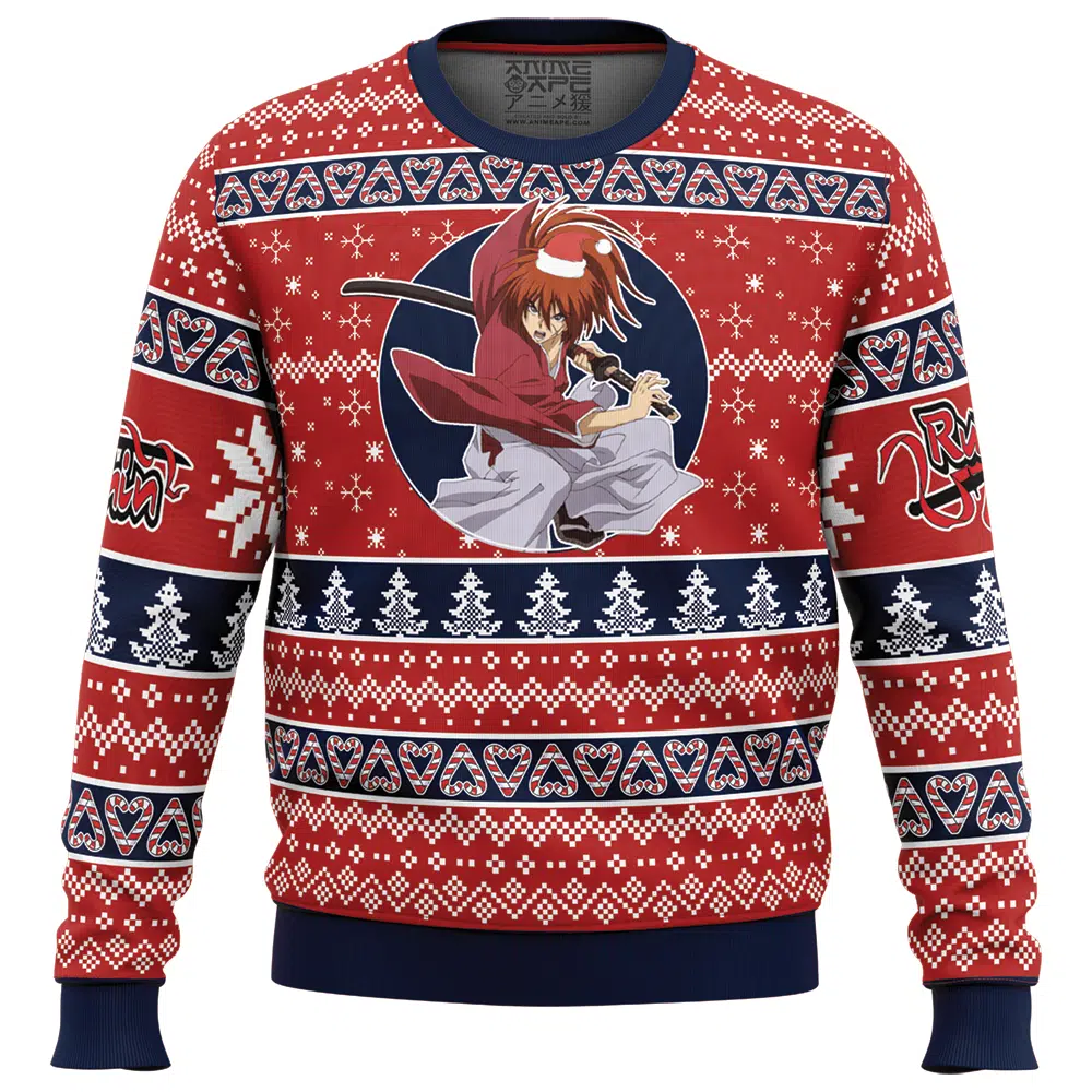 Kenshin Himura Rurouni Kenshin Samurai X Ugly Christmas Sweater FRONT mockup - Rurouni Kenshin Store